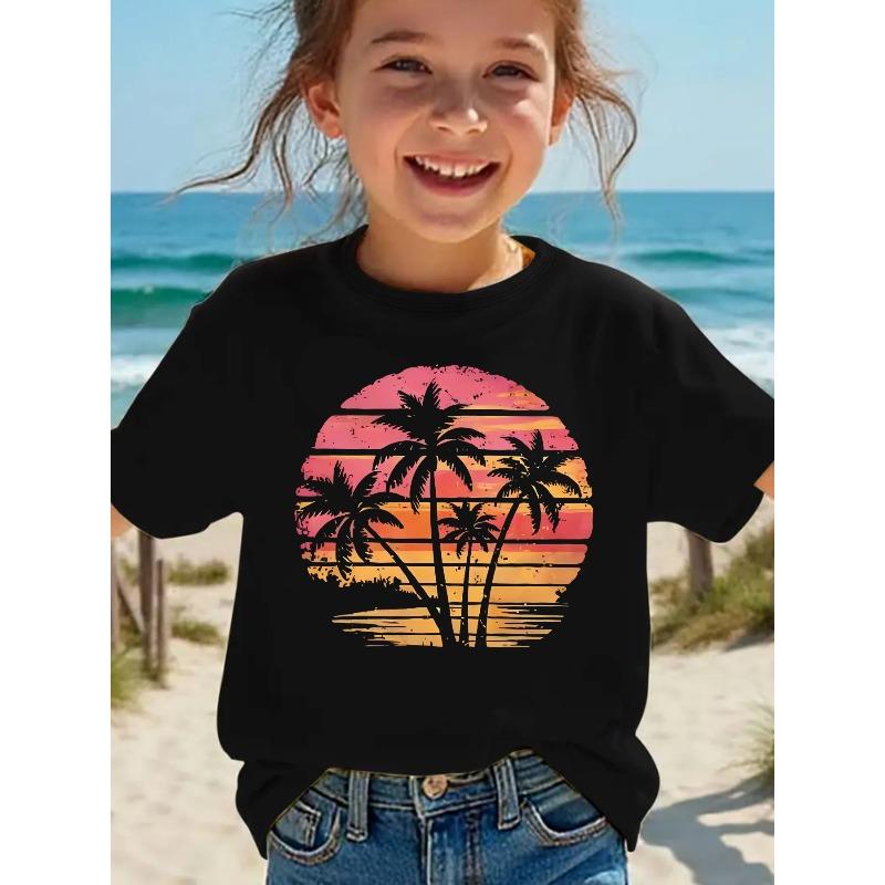 European sizes A T-Shirt for Girls Featuring an American Retro Tropical Vacation Style, with a Gradient Sunset And Palm Tree Design 110 чёрный