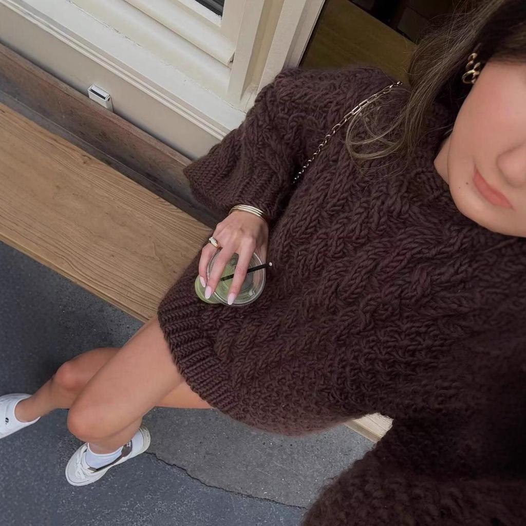 Retro European & American Style Cable Knit Sweater with Big Sleeves for Women