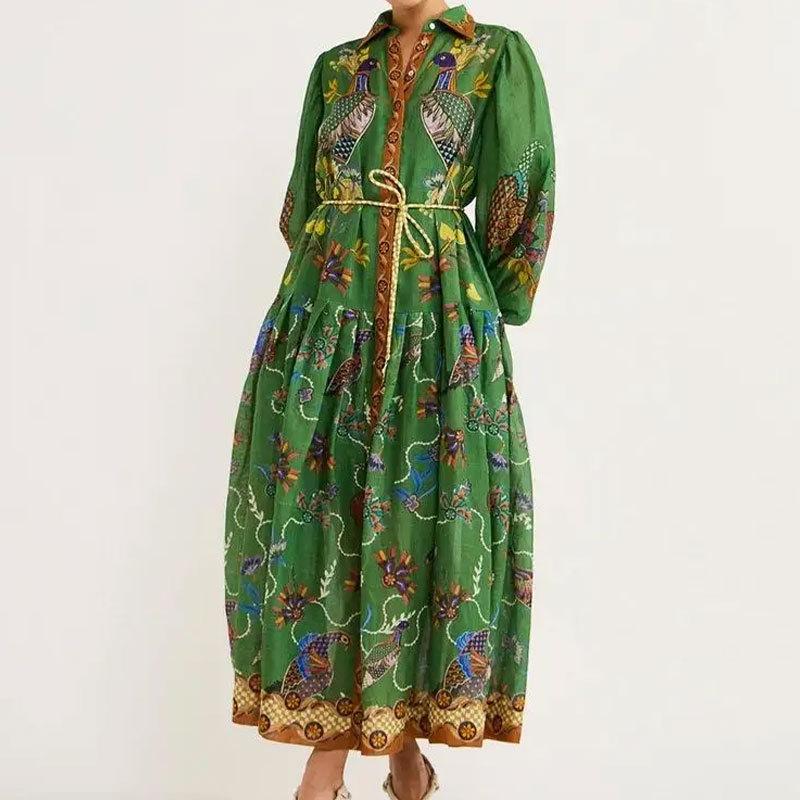 Retro Lantern Sleeve Lace-Up Printed Dress: European & American Women's Fashion