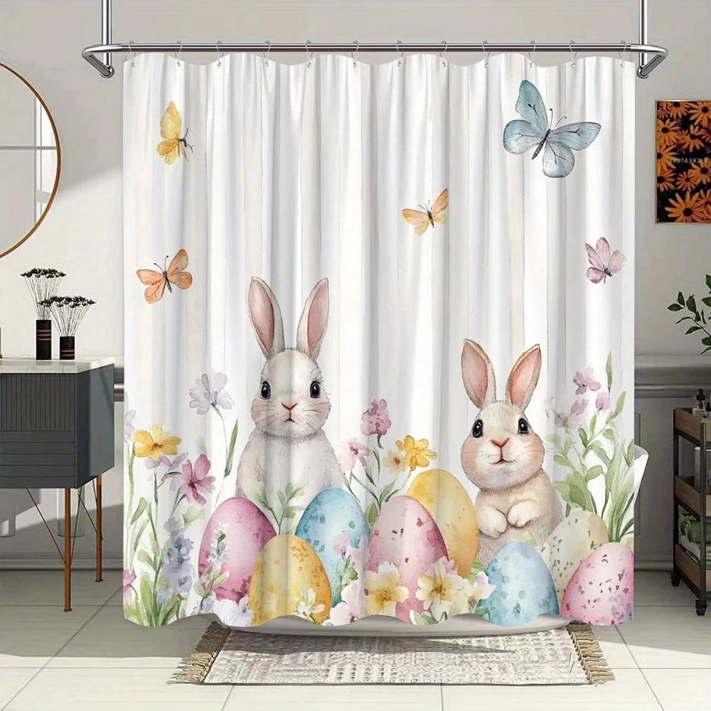 

Easter Rabbit Shower Curtain - Watercolor Garden Design with Bunnies, Eggs & Butterflies, Festive Spring Theme, Polyester W90xH180cm