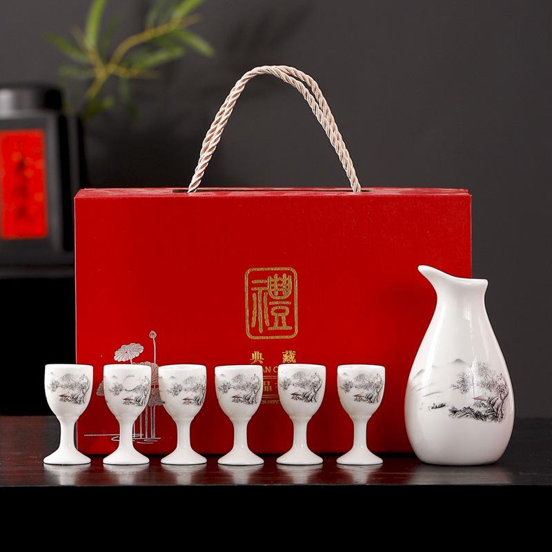 Chinesischer Stil Keramik Ein Topf Sechs Tassen Wein Set Haus Küche Trinkgeschirr Weinkanne Weinausgießer Bar Barzubehör Baijiu Tasse Geschenk Neu