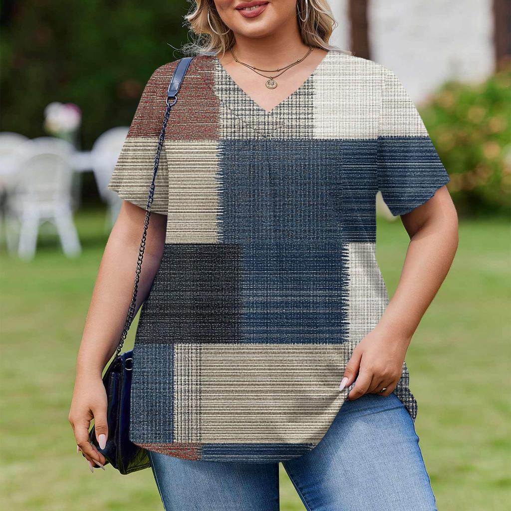 Women's Plus Size Fashionable Casual Loose-Fit Short Sleeve Elegant V Neck Blouse For Work