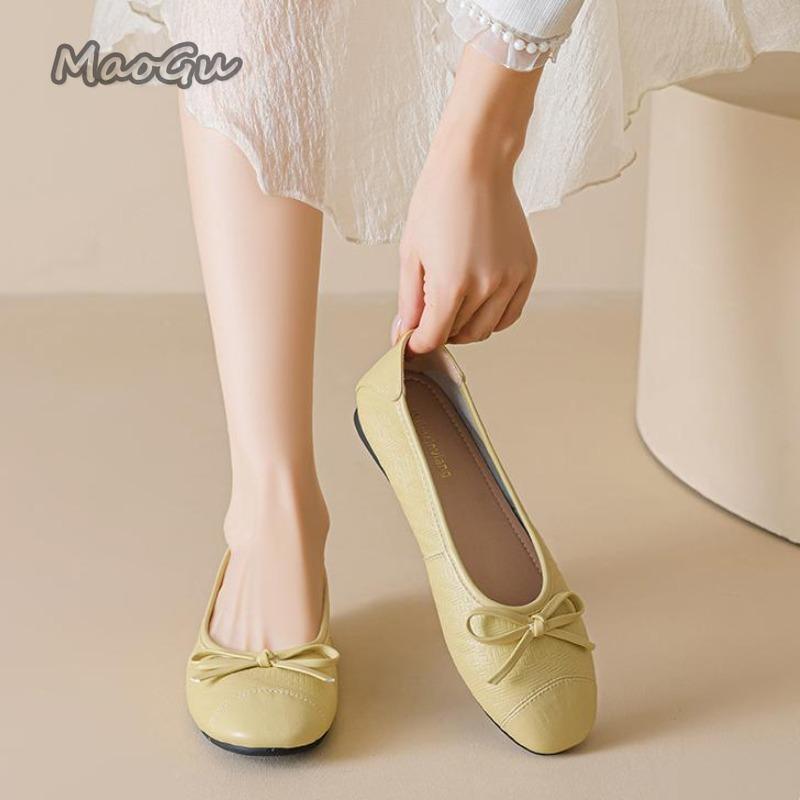 Fashion Elegant Bowknot Ballerina Women's Flats Round Toe Soft Sole Comfortable Slip-On Ladies Loafers Leather Single Mules Shoes Size35