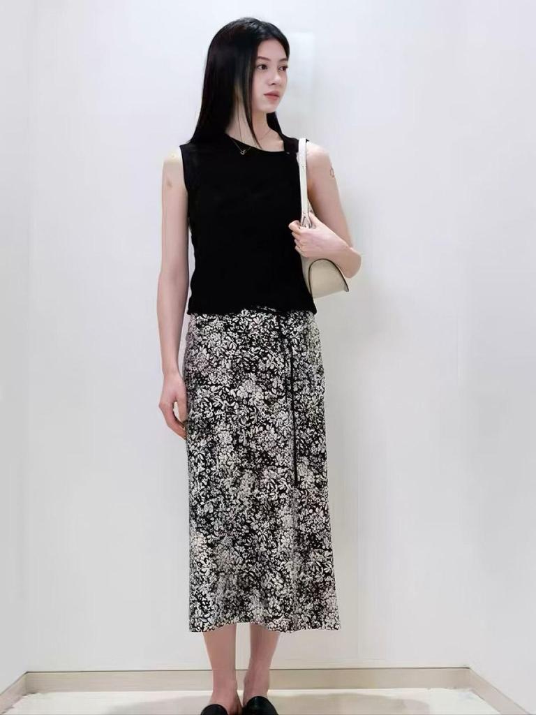 Kiju Summer Floral Print Lace-up High Waist A-line Midi Bodycon Skirt