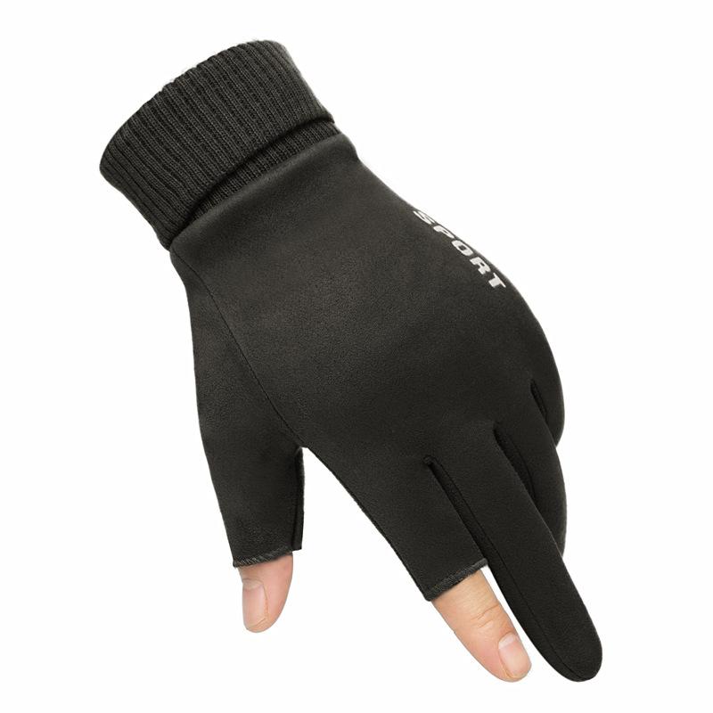 Warm Gloves Suede Plus Velvet Outdoor Riding Driving Anti Slip Two Finger Half Finger Touch Screen Autumn and Winter Gloves
