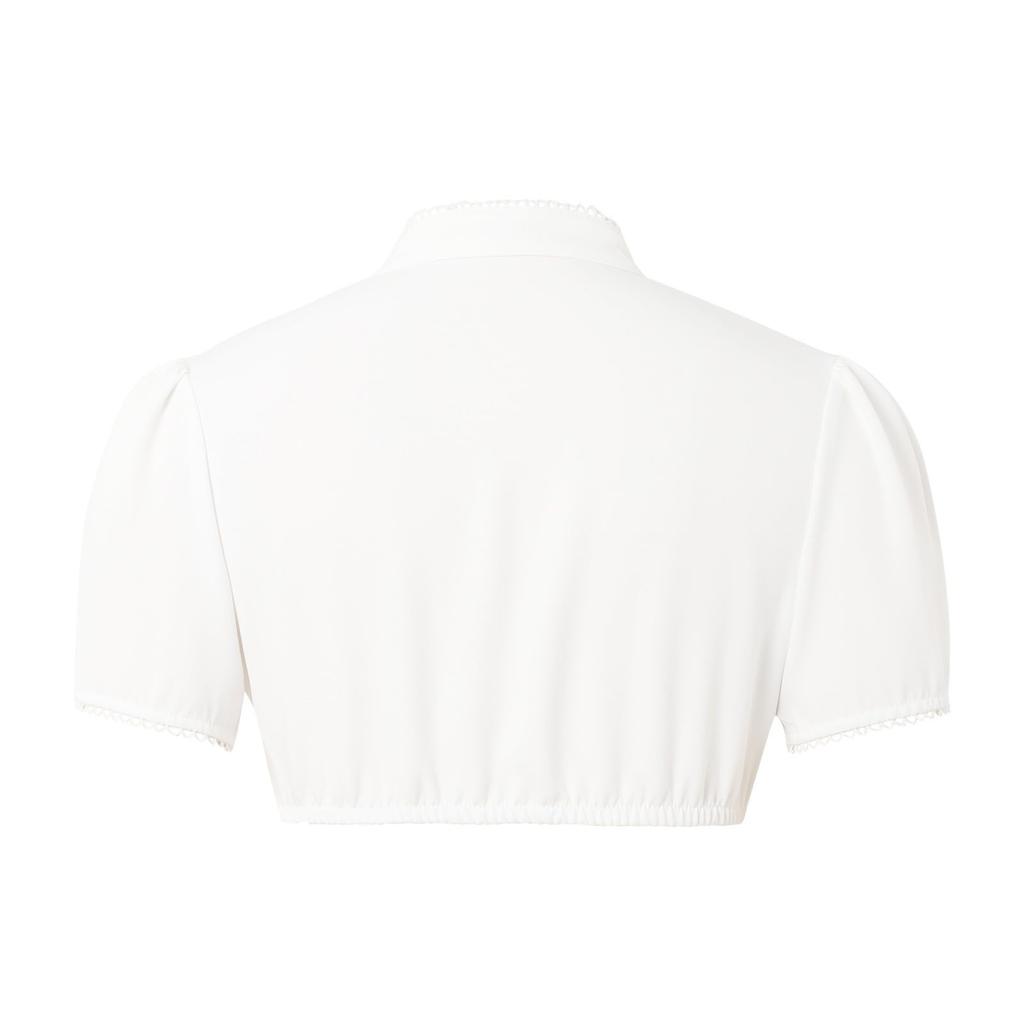 Women Short Sleeve Cropped Blouse V Neck Pleated Front Button Down Top with Decorative Trim for Casual or Festival Wear