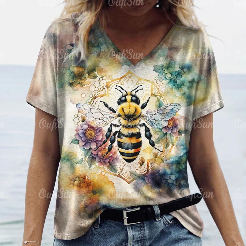 

Женская футболка в стиле ретро с принтом пчелы, топ с V-образным вырезом, с коротким рукавом, свитер, свободный, повседневный дизайн, одежда XS