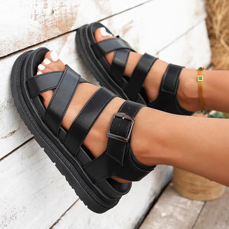 Summer 2025 Women's Large Size Comfortable Thick Heel Fish Mouth Sandals Fashionable Slip-On PU Leather Ladies Slippers