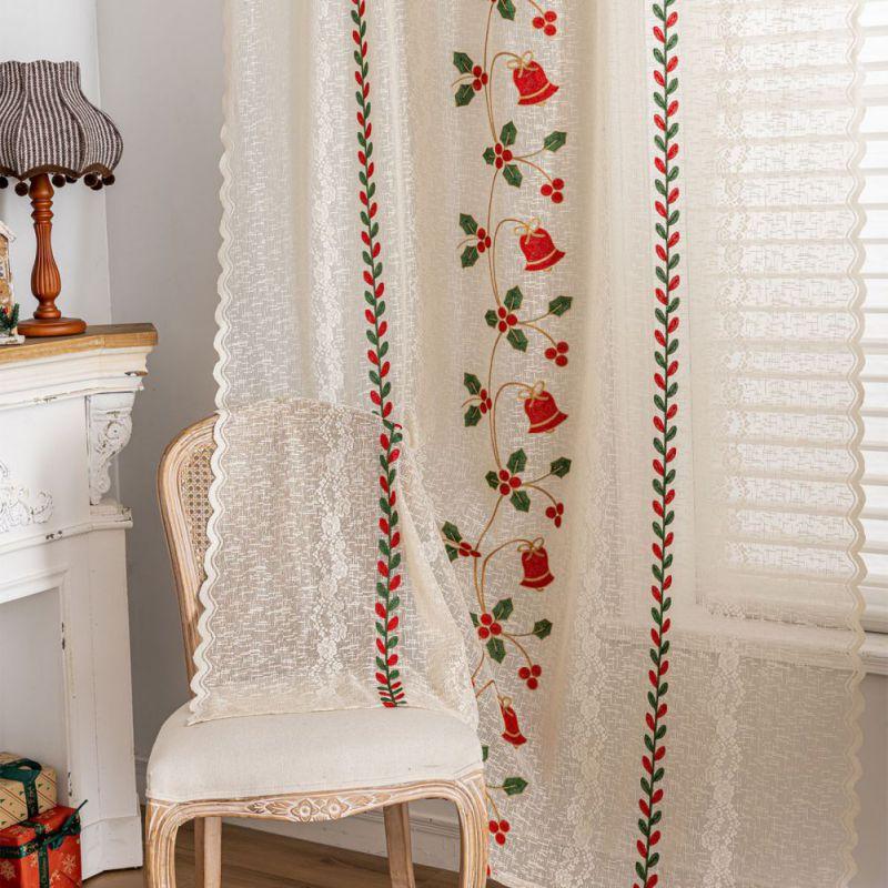 2 Panel Santa Claus Lace Gauze Curtains Christmas Bell Embroidery Curtains Translucent Lace Curtains Home Decoration Curtains