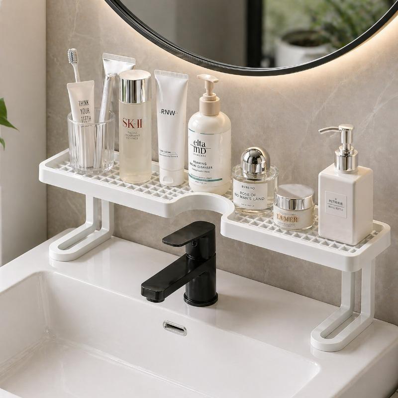 No Drill Plastic Bathroom Sink Rganizer Shelf Faucet Storage Rack Countertop Washbasin Drainer Shelf