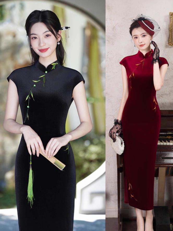 Retro Black Velvet Embroidered Sleeveless Cheongsam - Autumn 2025, Stretch Long Style