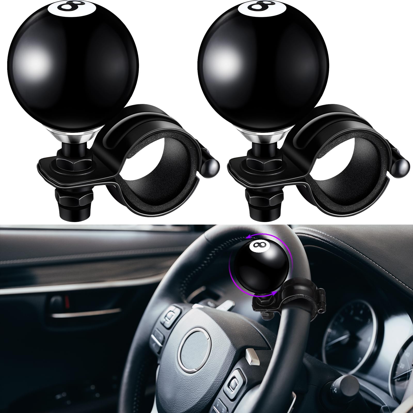 

Tallew 2pcs Black 8 Ball Handle Knobs Spinner Suicide Knobs 360 Degree Rotating Handle Accessories Car Truck Semi Tractor
