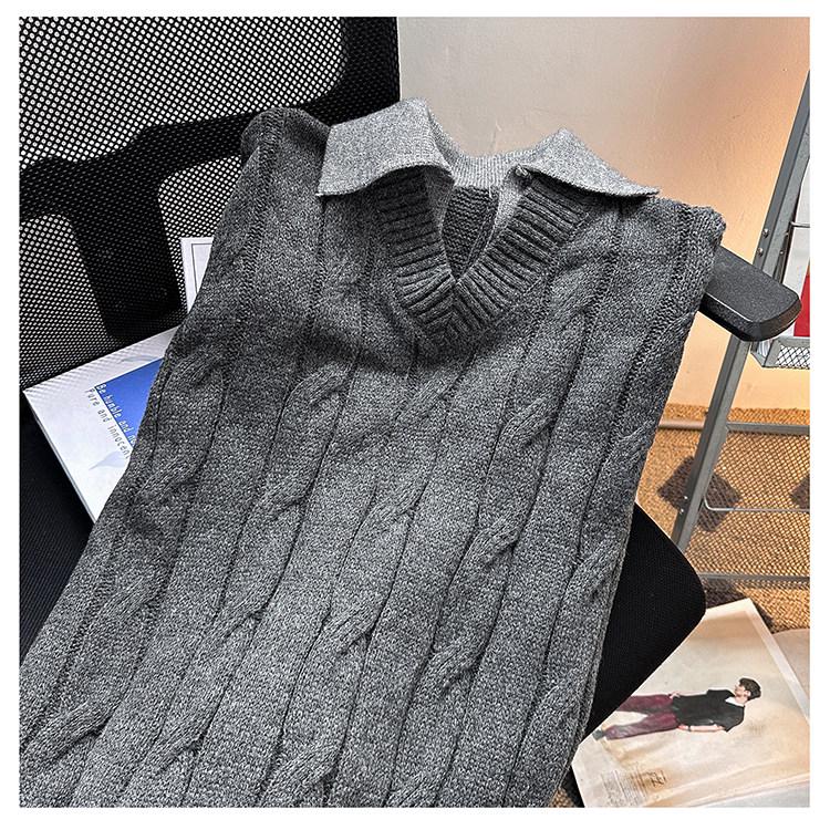 Men's Autumn Retro Faux Two-Piece Cable Knit Polo Sweater – Versatile Loose-Fit Pullover Knitwear