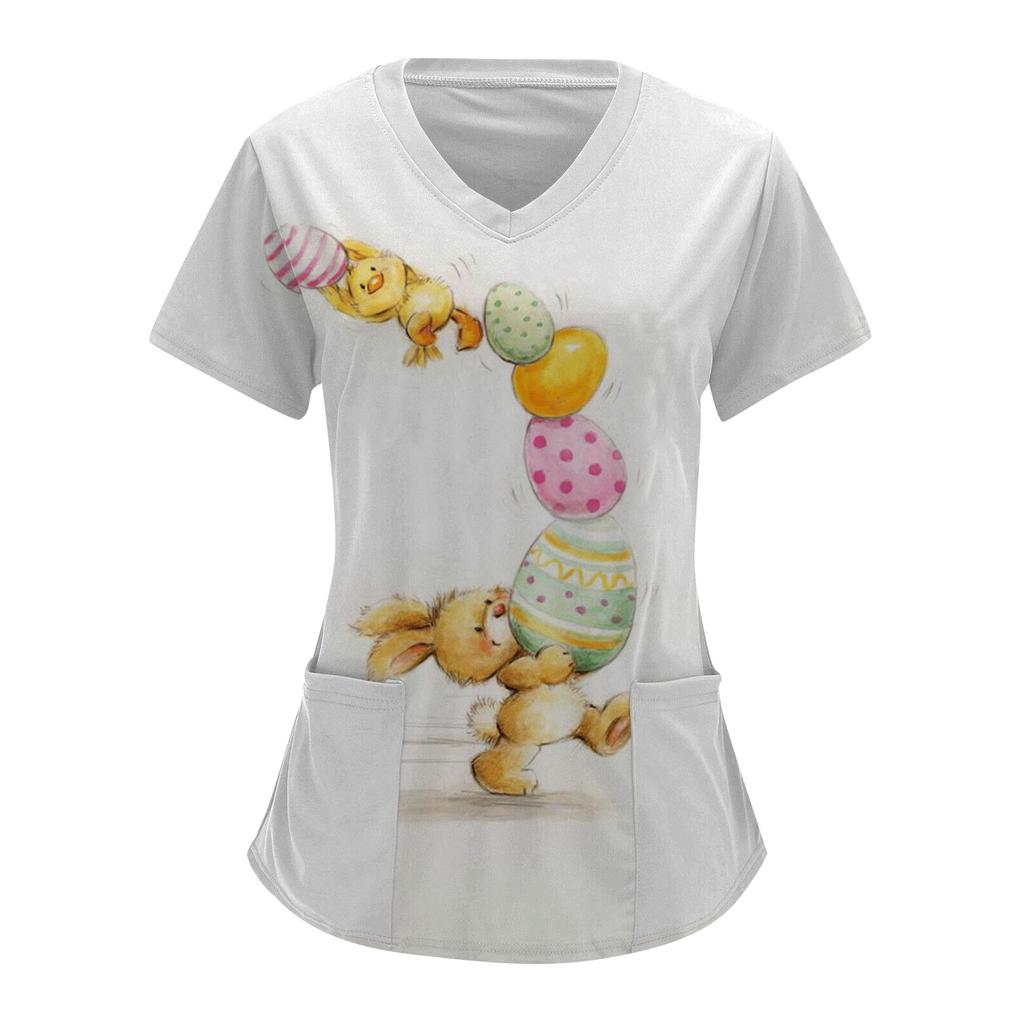 Women Fashion Easter Print V-neck Short Sleeve Workwear With Pockets Tops