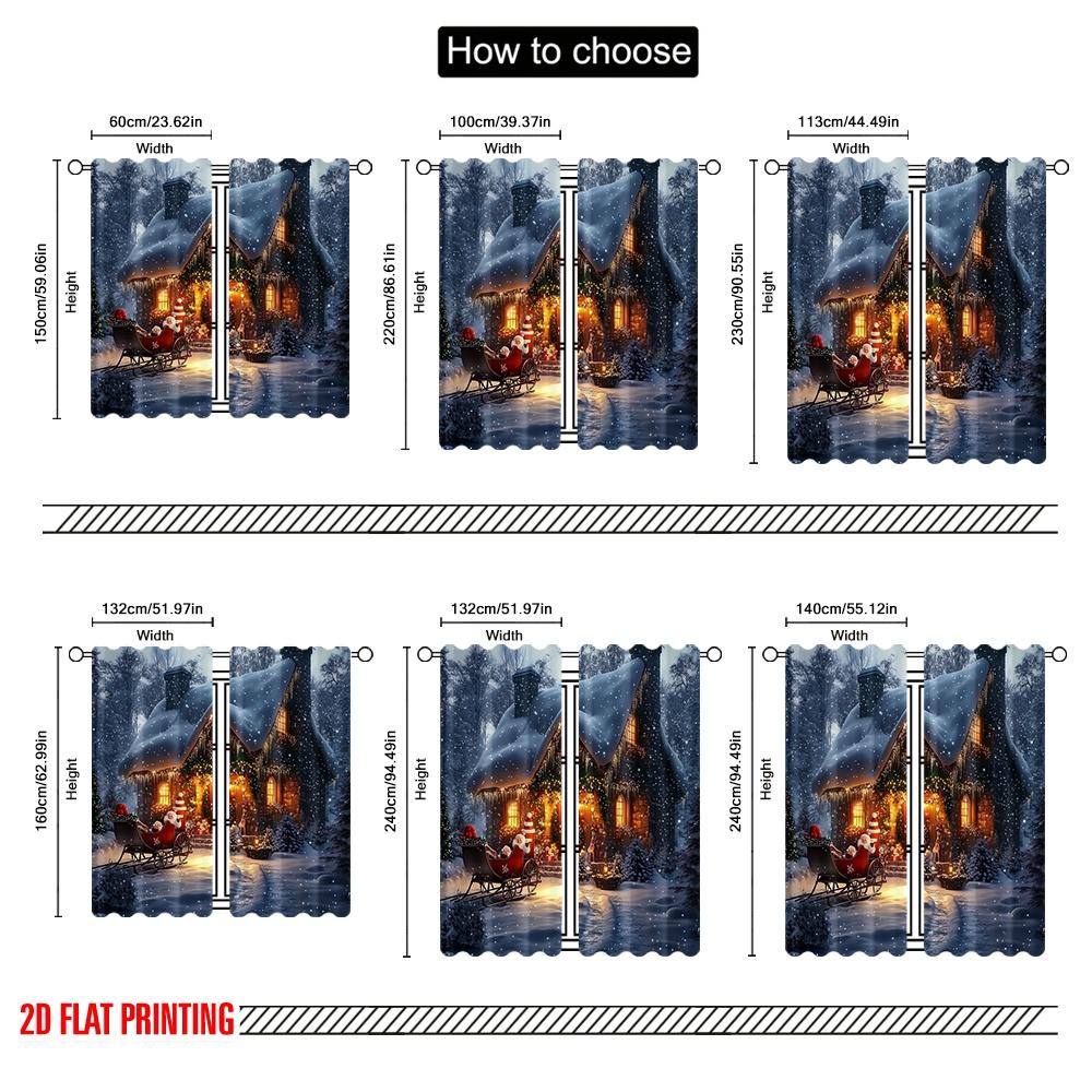 2pcs 2D flat printing Christmas Curtain Day Christmas Lodge and Sleigh Scene Durable 100% Polyester Fabric Without Electricity