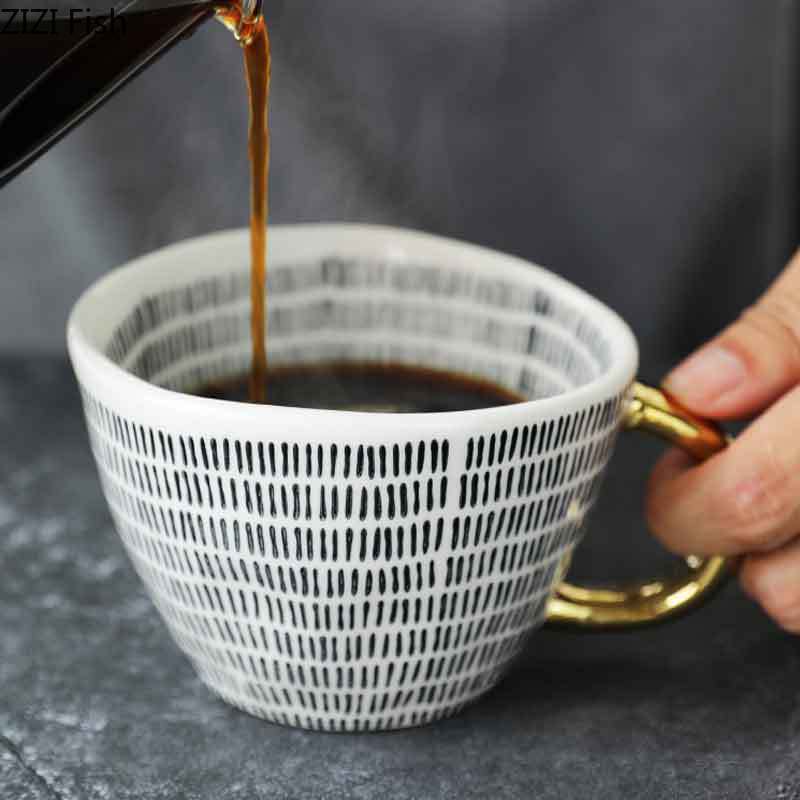 350 ml unregelmäßige Keramiktasse, goldener Griff, große Kapazität, Kaffeetasse für Paare, Frühstücks-Hafermilchtasse, nordische Teetasse für das Home Office