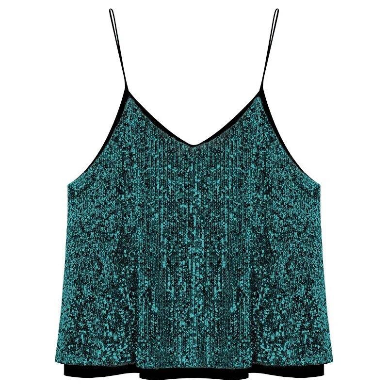 Women's Loose Casual Sequined Camisole Vest V Neck Shiny Sparkling Basic Top