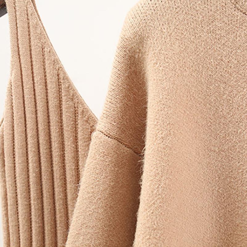 Φαρδύ πουλόβερ Γυναικείο πουλόβερ πουλόβερ και πλεκτό αμάνικο πουλόβερ Φόρεμα με λουράκι Σετ δύο τεμαχίων Άνοιξη Φθινόπωρο μονόχρωμα Φοιτητικά ρούχα