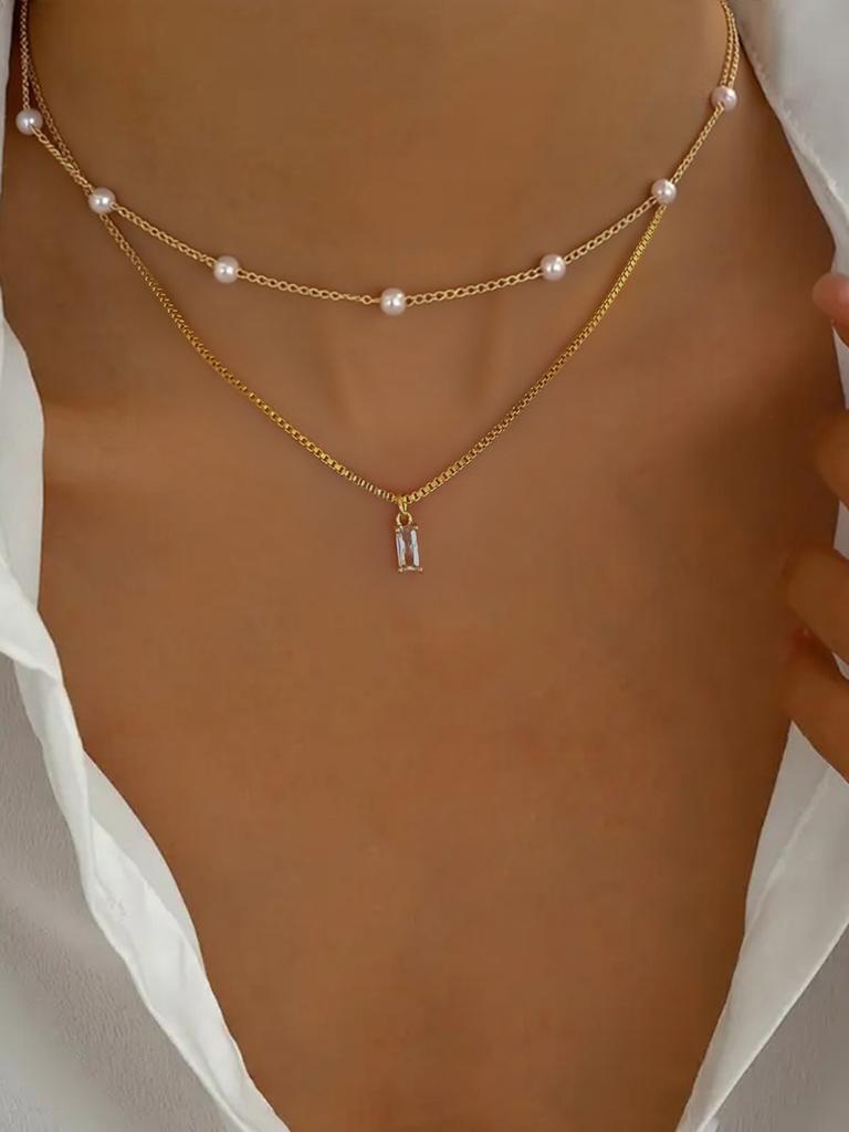 1pc Minimalist Faux Pearl Square Pendant Necklace With Double-Layer Chain, Suitable For Women's Daily, Date, Music Festival