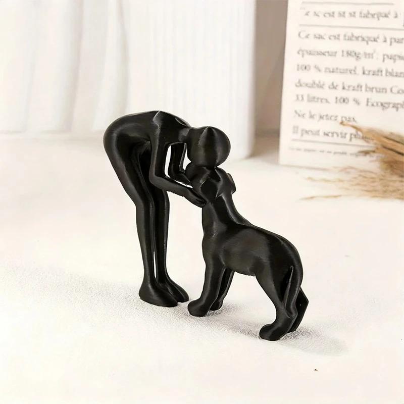 Abstract Art Man and Dog Sculpture Black Resin Figurine Healing Home Decor Accent for Pet Lovers