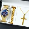 3ST Set Mode Business Guld Lyx Herrklocka Rostfritt stål Mesh-rem Datum Herrklocka & Armband & Korshänge, Herrpresenter