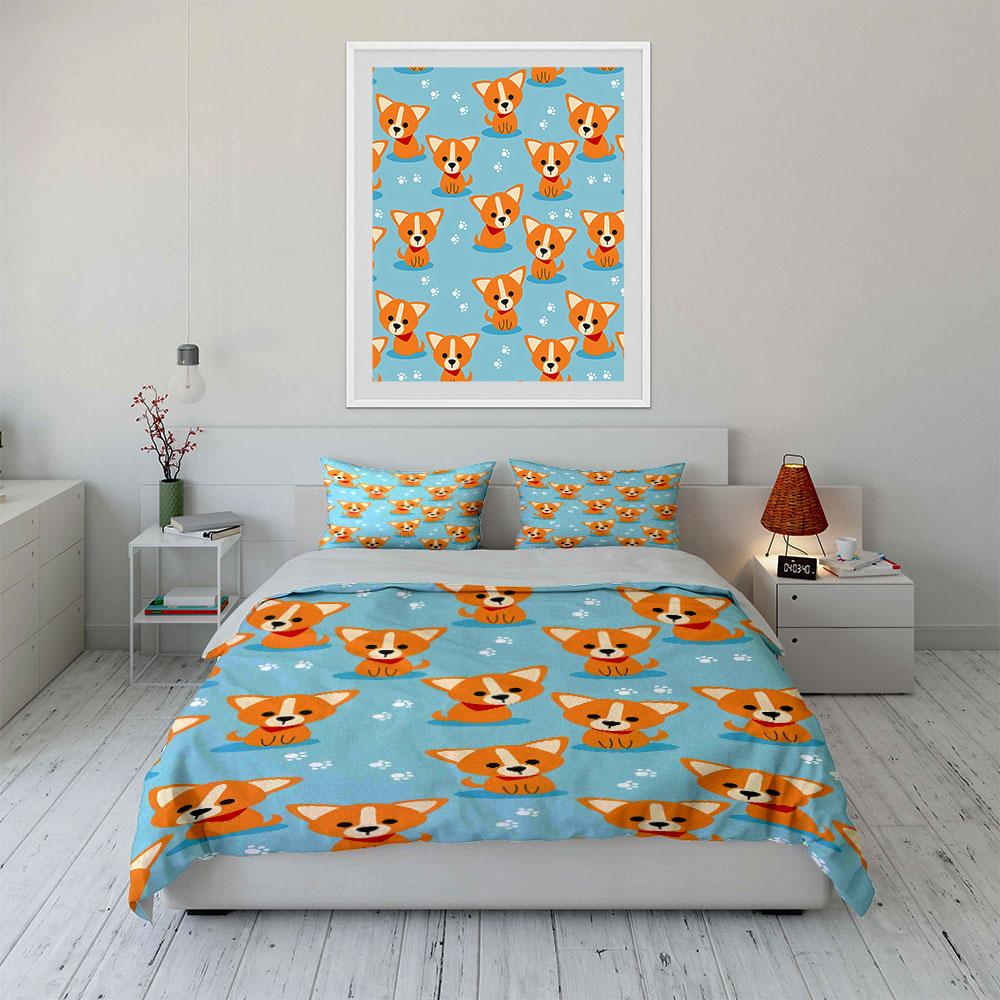 Cartoon Corgi Dog Bedding Set Bedding Duvet Cover Set Duvet Cover Pillowcases (1 * Duvet Cover 2 * Pillowcases, without duvet insert)