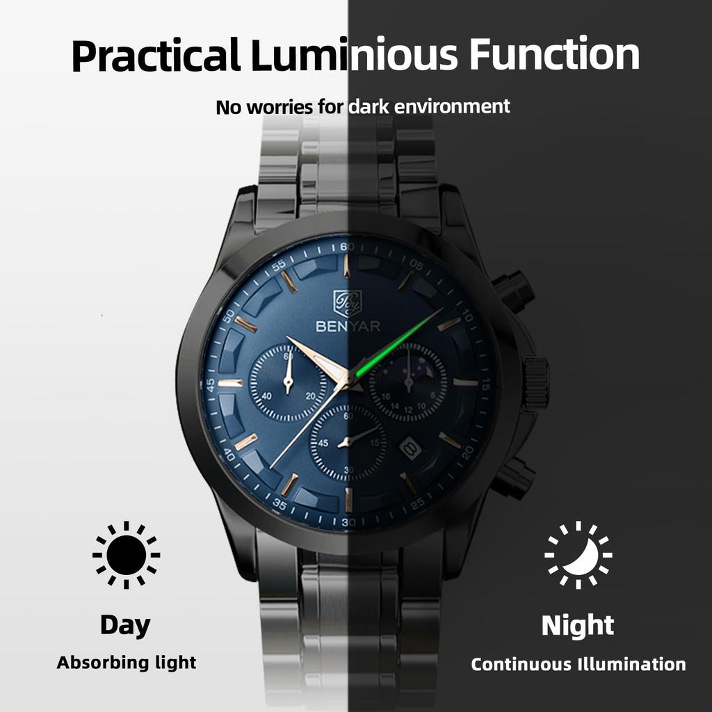 BENYAR Men's Leather Band Chronograph Watch Multi-Calendar Business Formal Waterproof Scratch-Resistant Silver and Blue