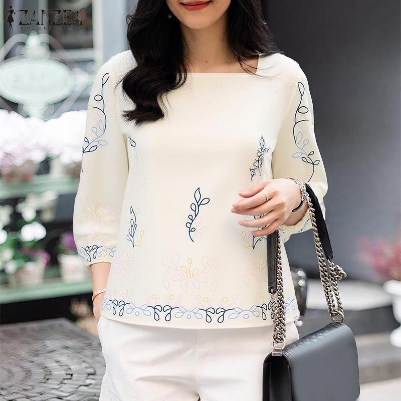 ZANZEA Women Square Neck Summer Casual 3/4 Sleeve Loose Print Blouse
