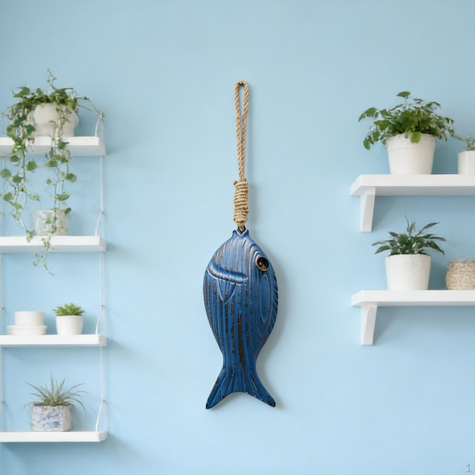 

Hanging Fish Sculpture Coastal Ornament Beach Theme Decor Nautical Wooden Wall Art Decors Deep Blue