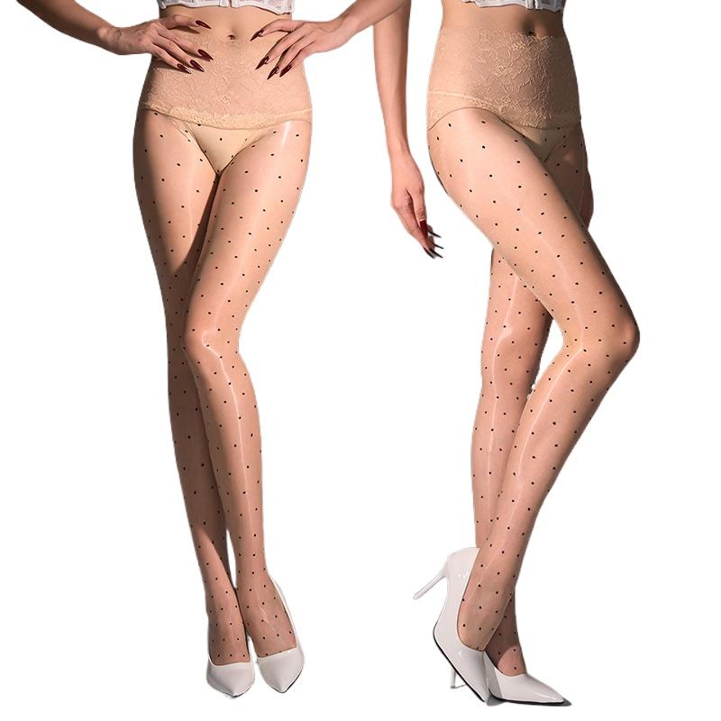 Women Sexy Stockings Polka Dots 360 Seamless Aurora Pantyhose Oil Shiny Glossy Sheer Sockings Ultra-Thin Lace Waisted Socks
