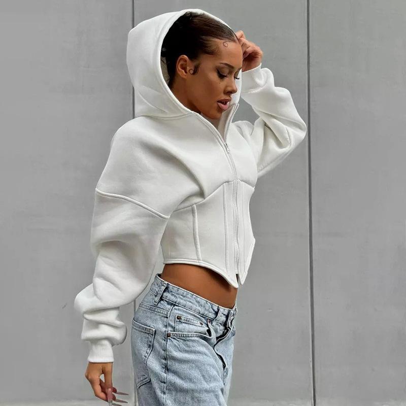 Spring Long Sleeved Fleece Zipper Cardigan Hooded Sweatshirt Casual Jacket For Women