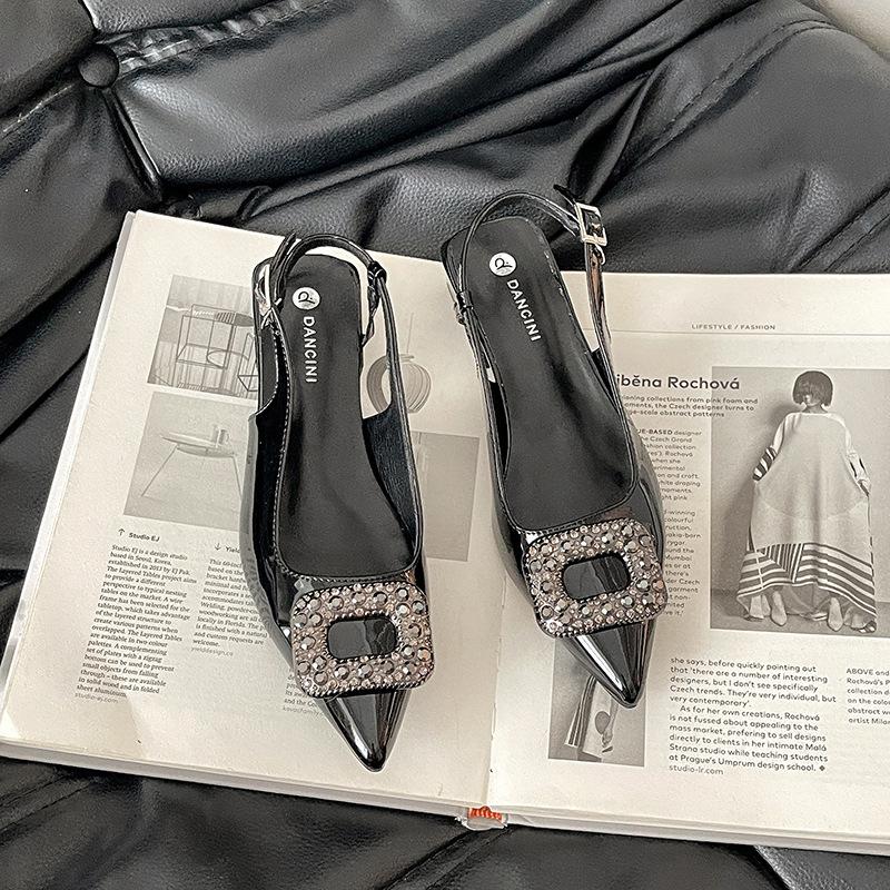 French Simple Temperament Rhinestone Square Buckle Pointed Sandals Women's 2025 Summer New Outer Wear with Skirt Fashion Shoes