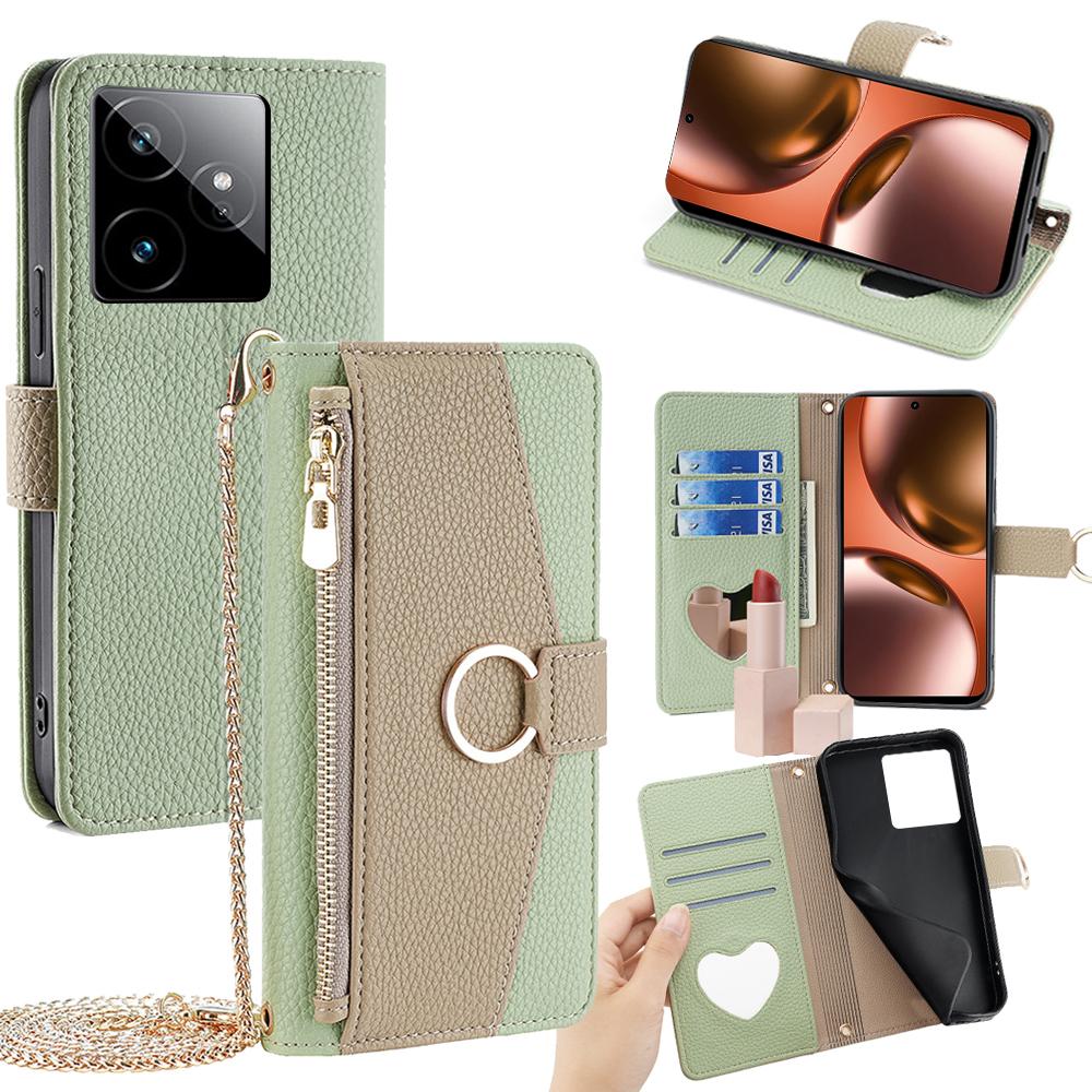 For Realme GT 7 5G Case Mirror Wallet Leather Phone Cover with Chain Shoulder Strap