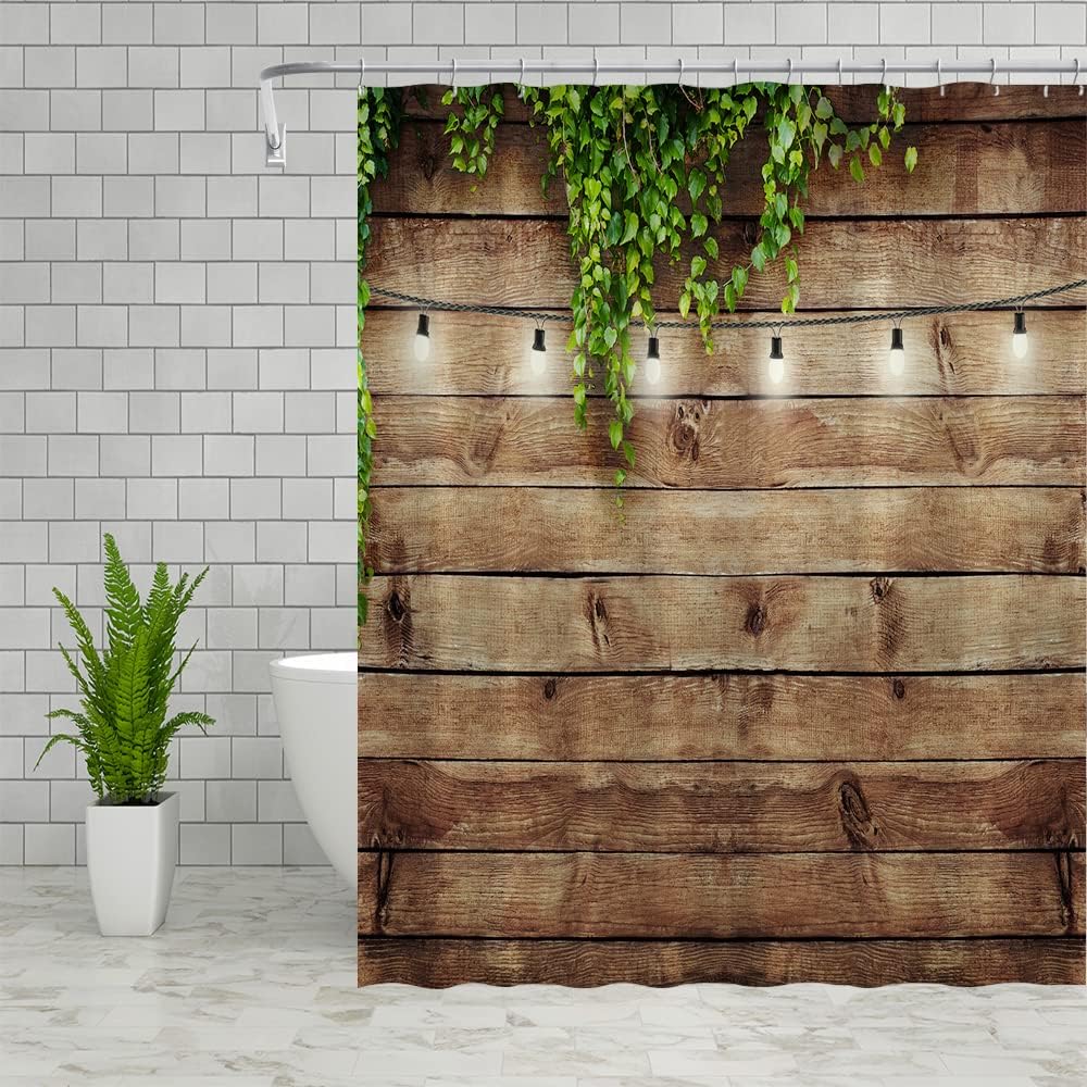 Farmhouse Shower Curtains Vintage Wood Board Rustic Farm Barn Door Green Leaves Vine Plant Country Themed Bathroom Polyester