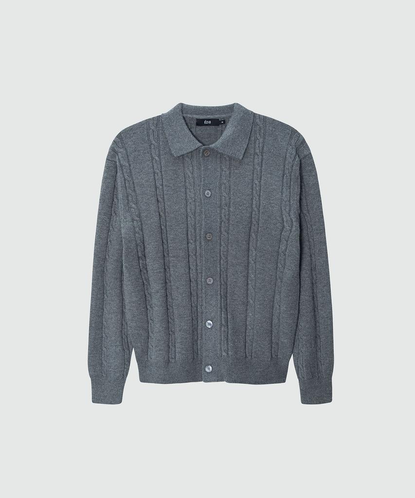 EZIO Cable Button-Up Collar Cardigan_Charcoal