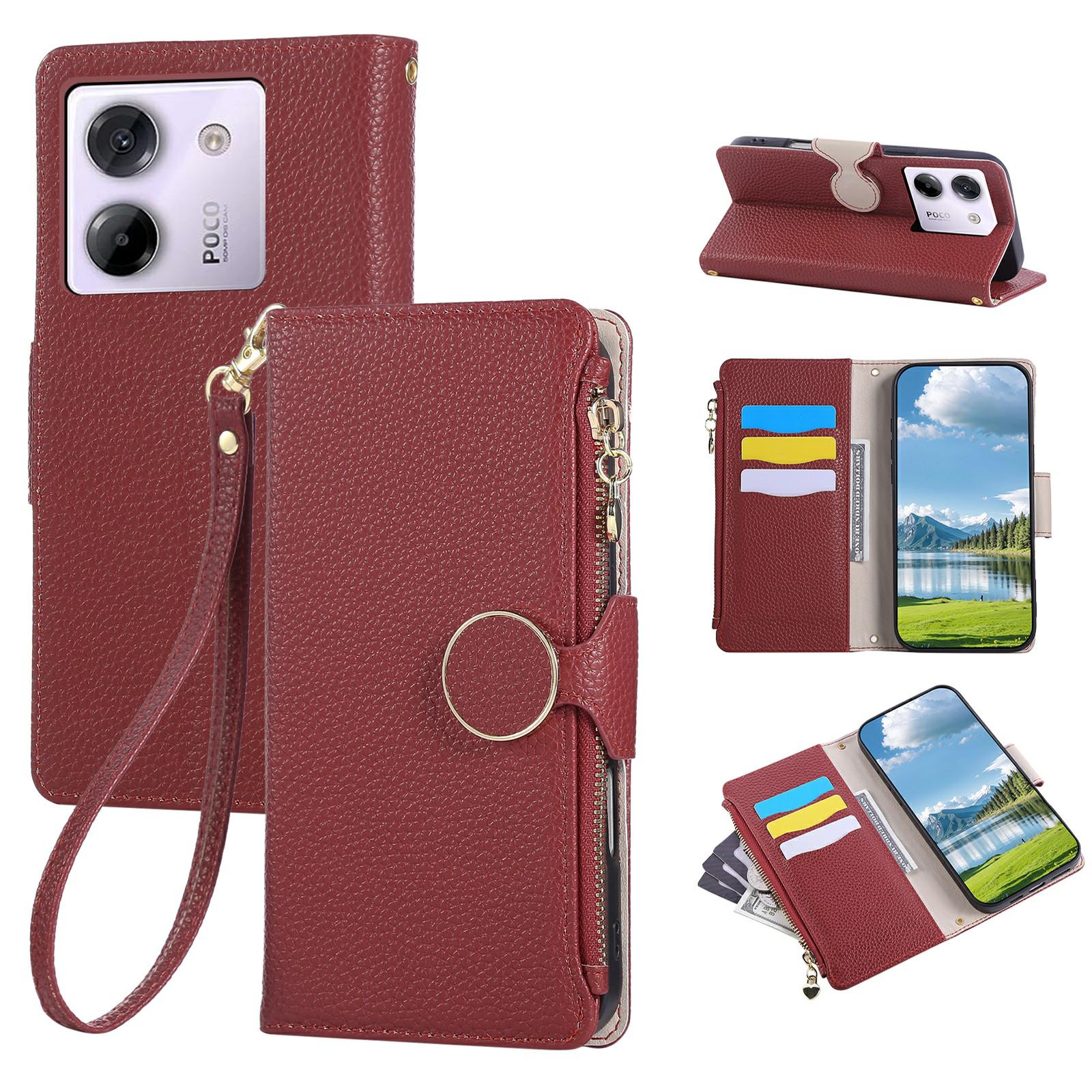 

For Xiaomi Poco M7 Pro 5G Case Zipper Wallet Leather Phone Cover with Wrist Strap Wine Red