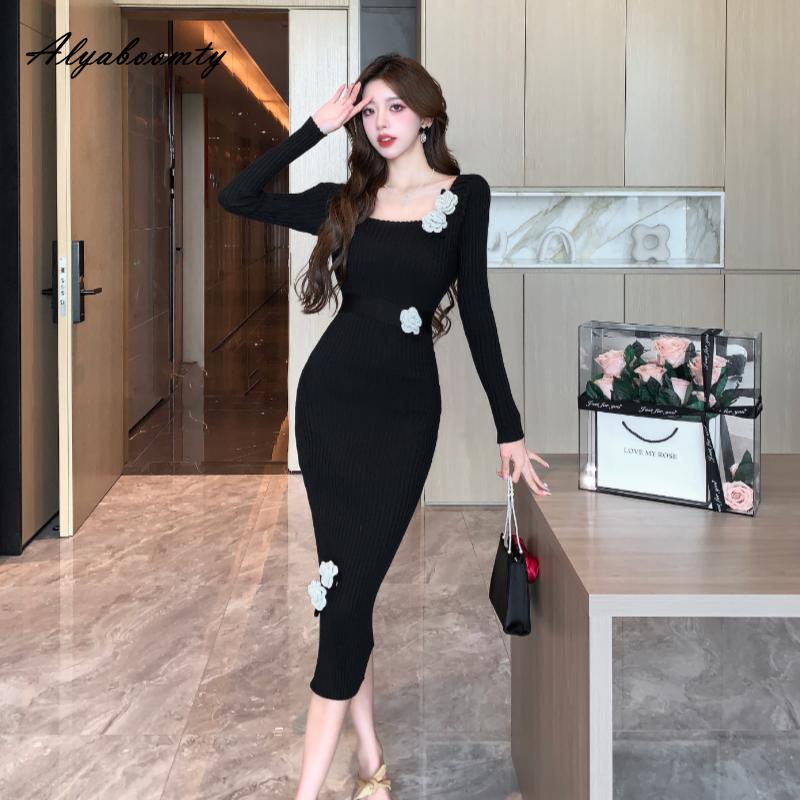 

Жіноча сукня-светр у французькому стилі осінь-зима Бежево-чорне облягаюче з квітковим принтом еластичне трикотажне плаття Елегантна жіноча трикотажна сукня One Size чорний