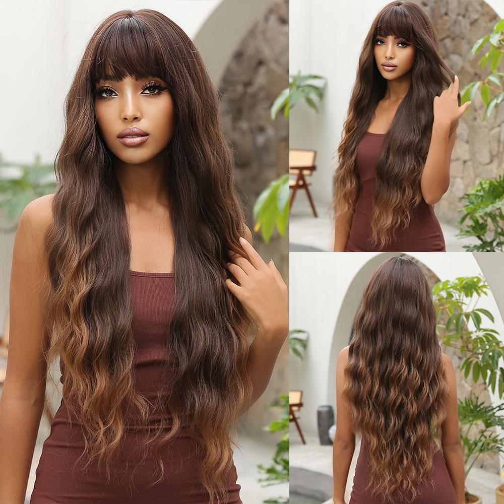 ALAN EATON Lange, gewellte Kunsthaarperücken in Ombré-Braun mit Pony für Damen, Cosplay, Alltag, Party, Dating, hitzebeständige Faserperücke