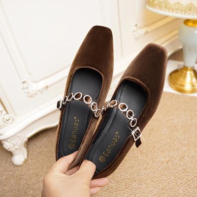 Retro eckiger Kopf Satin dicker Absatz leichter Mund Ein-Wort Diamantriemen kleiner niedriger Absatz Wildleder Mary Jane Einzelschuhe elegant