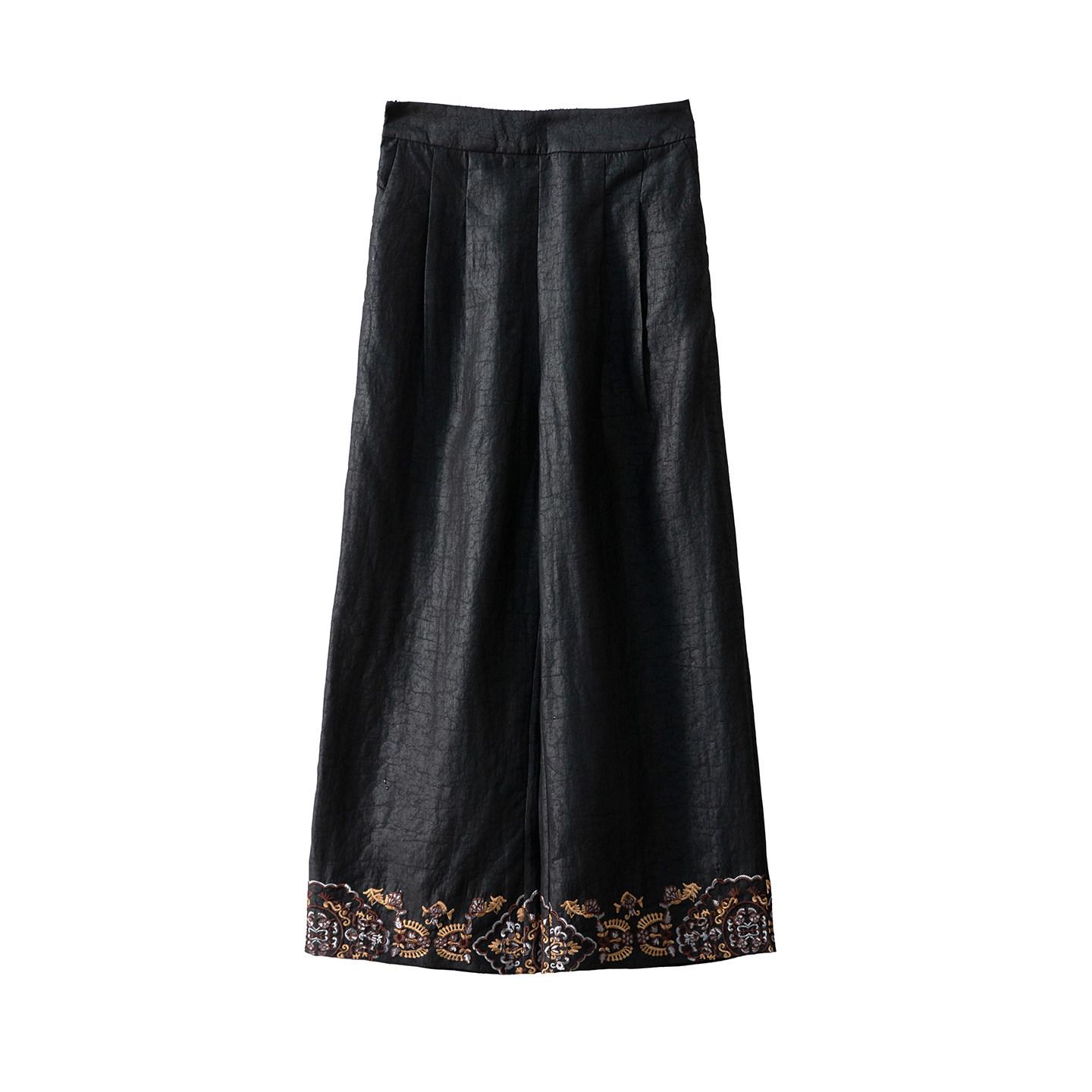

Haute Couture Mulberry Silk Cracked Pattern Wide-Leg Pants with Chinese Embroidery and Elastic Waist for Women - Spring Collection Extra Large чёрный