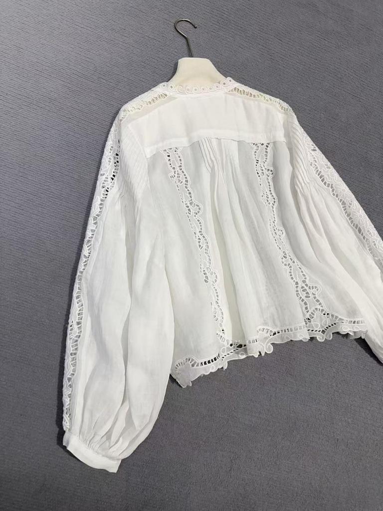 2026 Spring French White Lace Shirt with Loose Lantern Sleeves and Hollow Embroidery