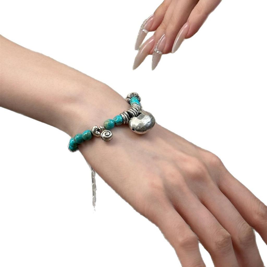 S925 Sterling Silver Lotus Turquoise Yuanbao Lock Bracelet - Niche Design, Versatile, Retro High-End Feel for Women