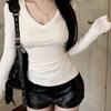Women's Slim Fit V-Neck Long-Sleeve Solid T-Shirt, Autumn/Winter Korean Trendy Inner Wear.