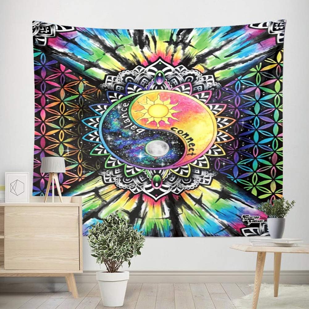 Yin Yang Balance Connect Tapestry Sun Moon Psychedelic Wall Hanging Decor Indian Mandala Bohemian Hippie Trippy Large Tapestry