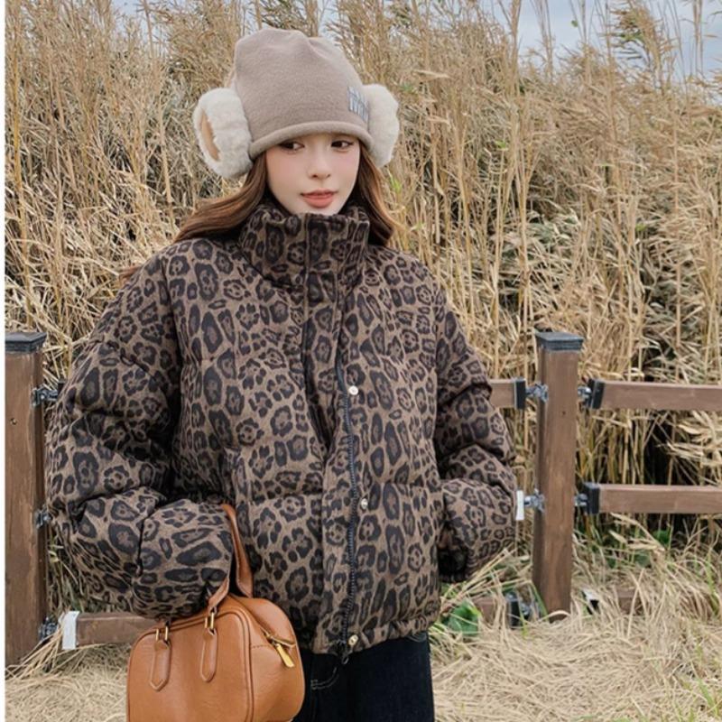 

Retro leopard print short down cotton clothes for women s winter new high-end niche Kendou stand-up collar bread clothes cotton clothes jacket S