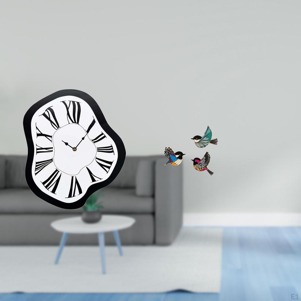 Acrylic Distorted Wall Clock with Creative Melting Design And Wooden Bird Art Signs for Unique