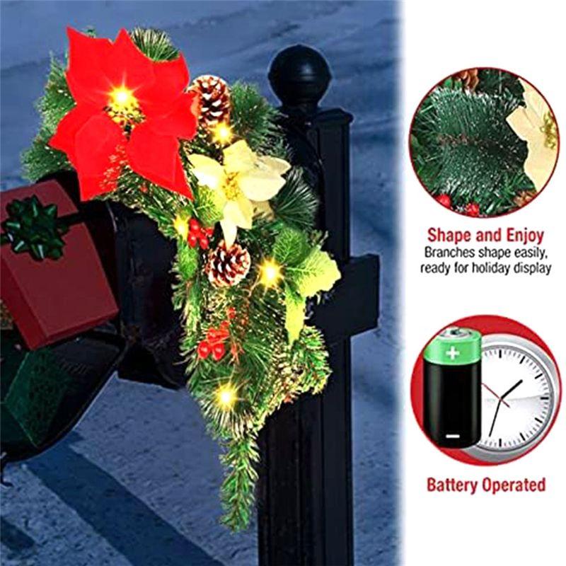 AEE4-Christmas Mailbox With Lights Berry Red Flowers Clusters Pine Cones, Mailbox Christmas Outdoor, Christmas Mailbox Decor