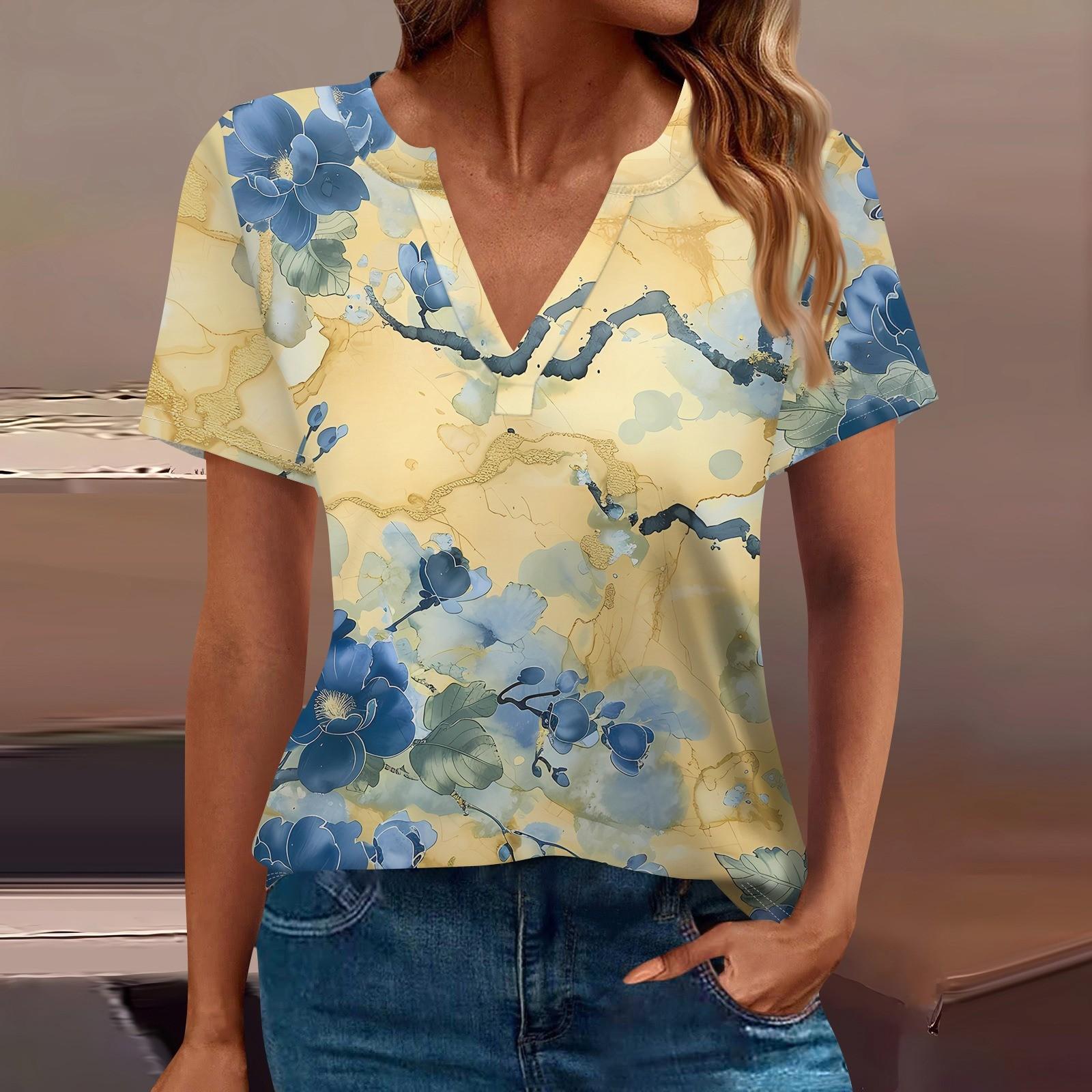 

Женская футболка Футболка с принтом с коротким рукавом Повседневные выходные Мода Базовый топ с V-образным вырезом Обычный топ M жёлтый