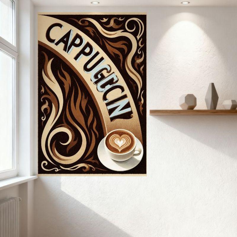 Vintage Cappuccino Metal Tin Sign - Light Blue Arched Text Dark Blue Outline, Coffee Steam Art Background, Heart Latte Art Ceram