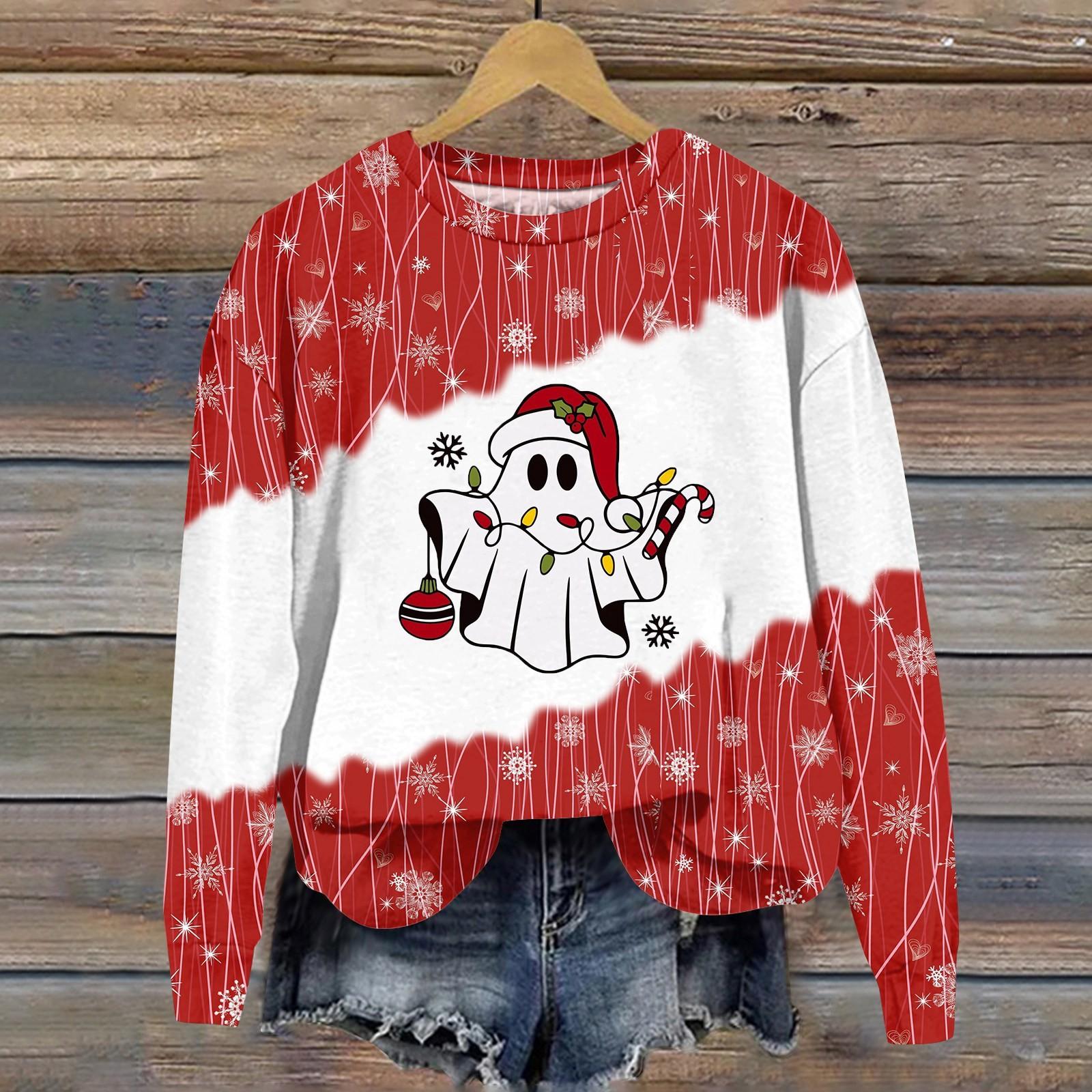 

Женская мода рождественский принт длинный рукав свободный круглый вырез толстовка топ осень S киноварь